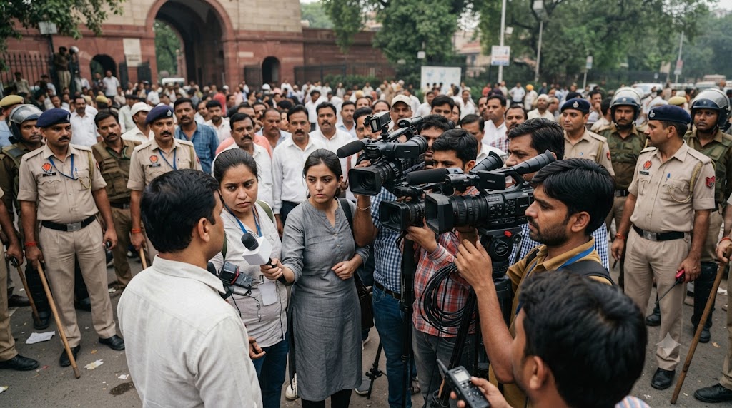 राहुल गांधी धरने के दौरान मीडिया से बातचीत करते हुए