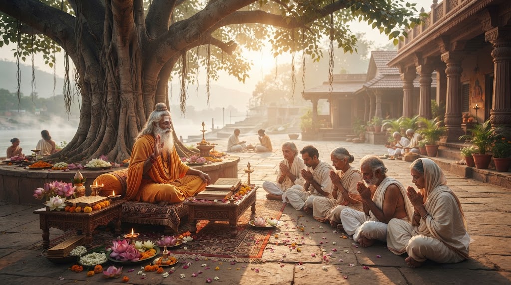 गुरु पूर्णिमा पर गुरु का आशीर्वाद लेते शिष्यों का प्रतिनिधि दृश्य