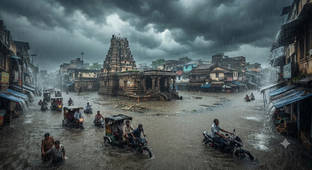 Heavy rainfall and flood situation in India during monsoon 2026.