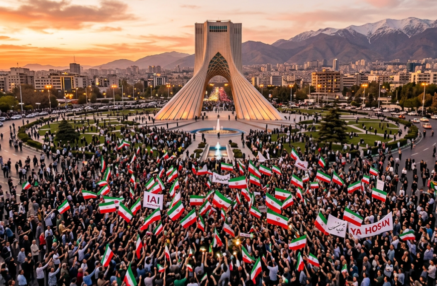 Crowd holding Iranian flags in front of Azadi Tower at sunset
