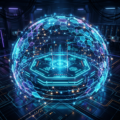 Hexagonal digital interface with glowing security icons surrounded by holographic shield