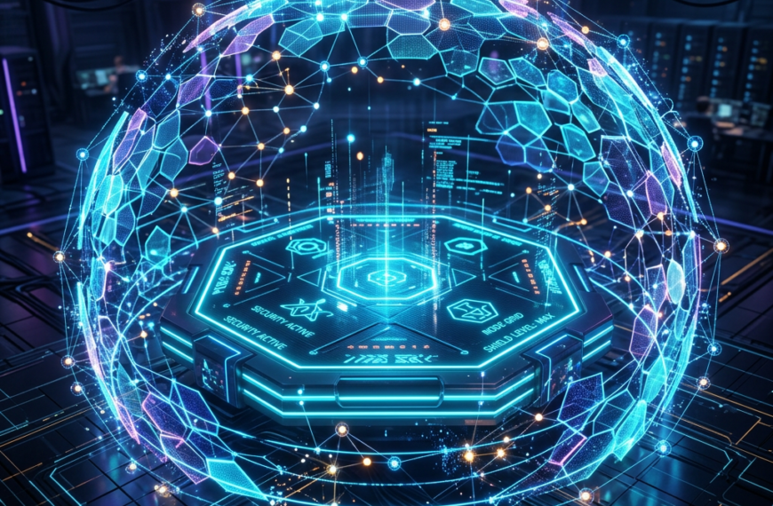 Hexagonal digital interface with glowing security icons surrounded by holographic shield