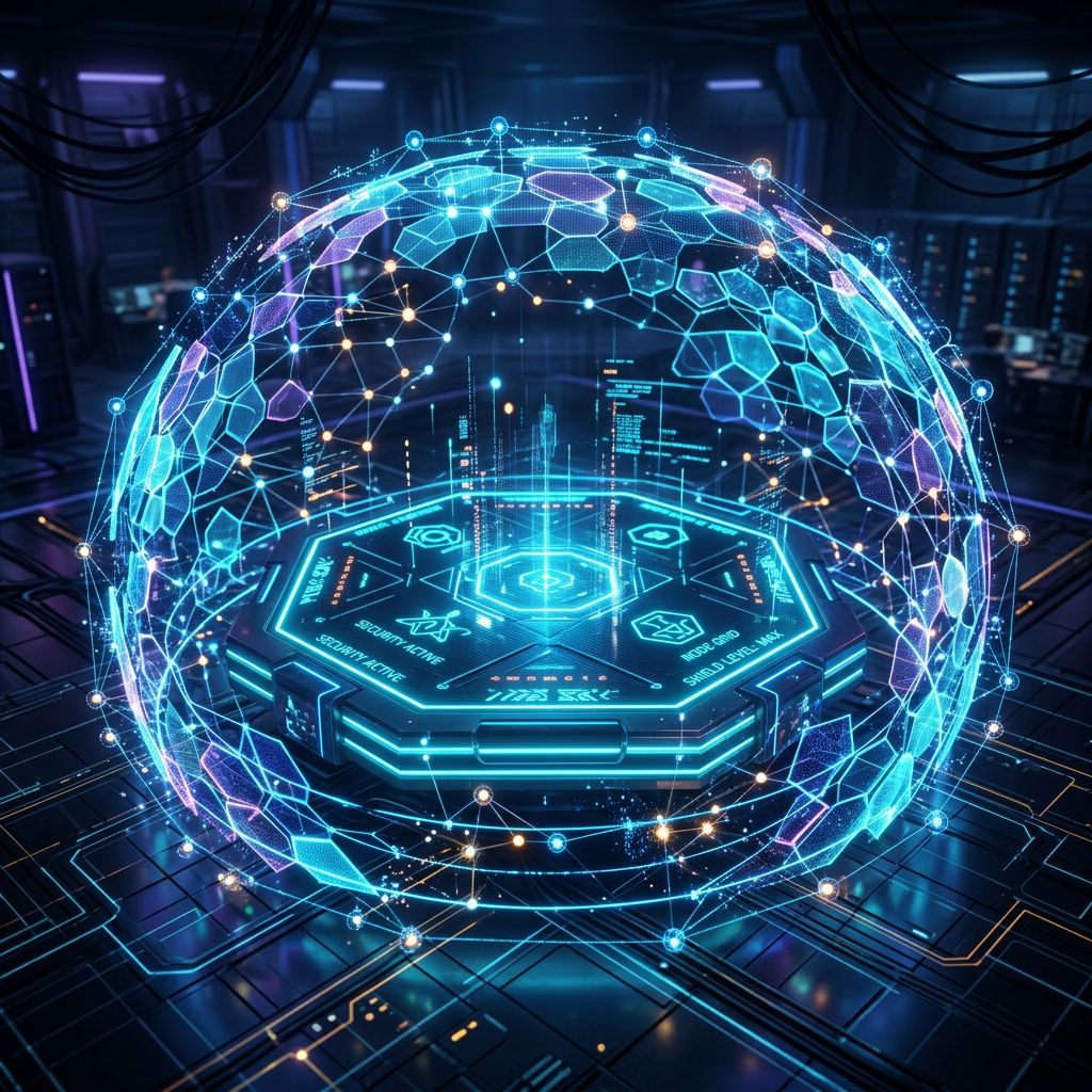 Hexagonal digital interface with glowing security icons surrounded by holographic shield