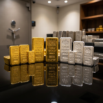 Assorted gold and silver bullion bars arranged on a reflective surface