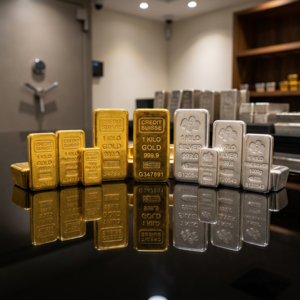 Assorted gold and silver bullion bars arranged on a reflective surface