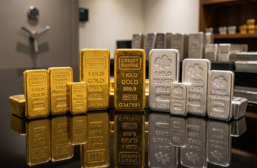 Assorted gold and silver bullion bars arranged on a reflective surface